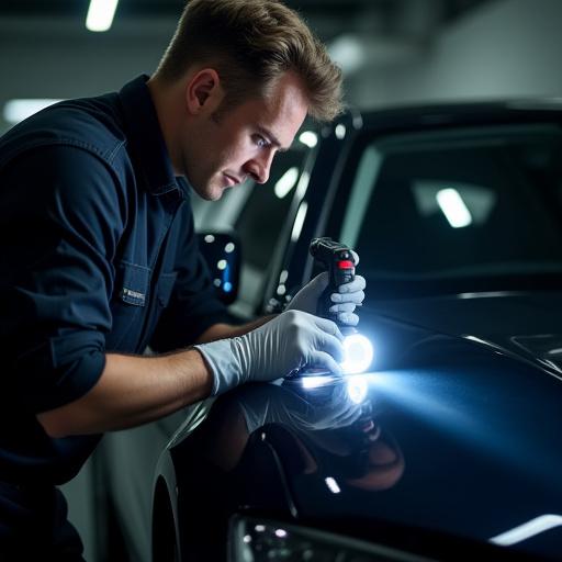 Detailer che ispeziona la vernice di un'auto con una luce professionale